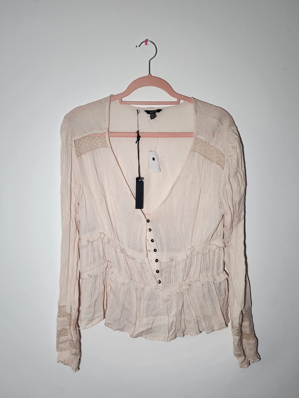 🌿 Buffalo David Bitton Boho Ruffle Lace Button Down Top 🌿